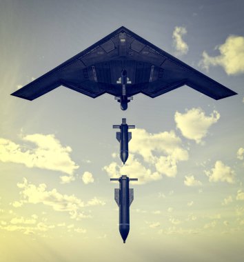 B-2 Spirit, hayalet bombacı, ağır stratejik bombardıman uçağı, yoğun uçaksavar savunma sistemlerini ve GBU-57 MOP (Massive Ordnance Penetrator) sığınak patlatıcısını aşmak için tasarlanmış gizlilik teknolojisi. 3d oluşturma