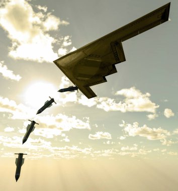 B-2 Spirit, hayalet bombacı, ağır stratejik bombardıman uçağı, yoğun uçaksavar savunma sistemlerini ve GBU-57 MOP (Massive Ordnance Penetrator) sığınak patlatıcısını aşmak için tasarlanmış gizlilik teknolojisi. 3d oluşturma