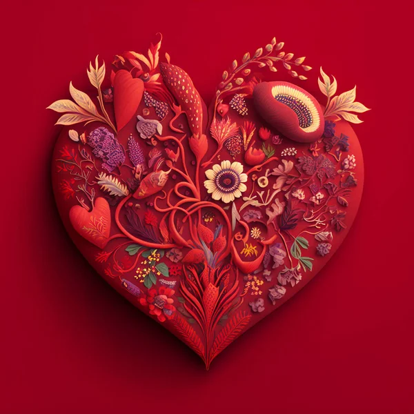 Heart of flowers. Floral heart. Wedding card. Love symbol on red background. Valentine poster