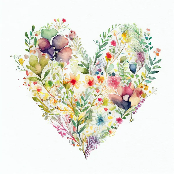 Heart of flowers. Floral heart. Wedding card. Love symbol on white background. Valentine watercolor poster
