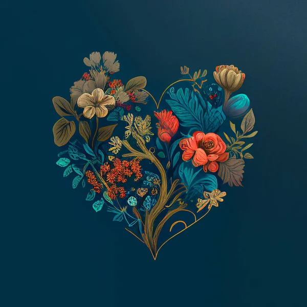 Heart of flowers. Floral heart. Wedding card. Love symbol on blue background. Valentine poster