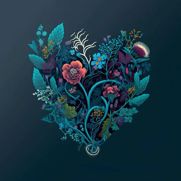 Heart of flowers. Floral heart. Wedding card. Love symbol on blue background. Valentine poster