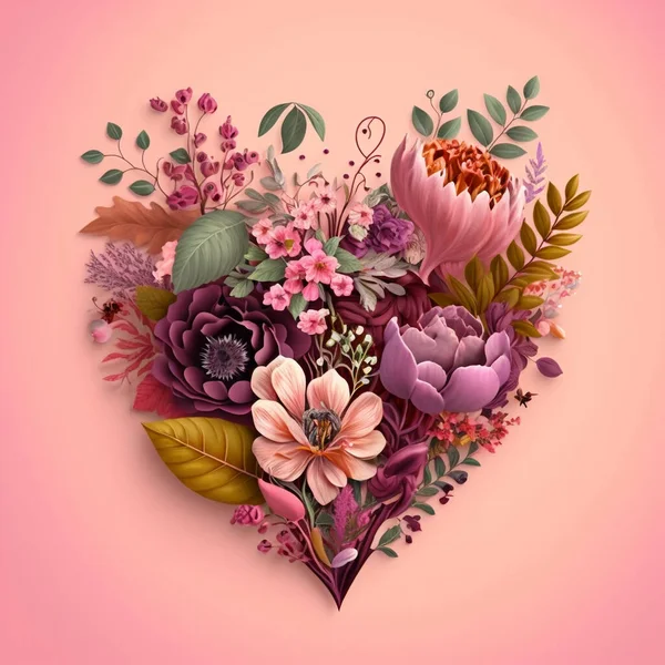 Heart of flowers. Floral heart. Wedding card. Love symbol on pink background. Valentine poster