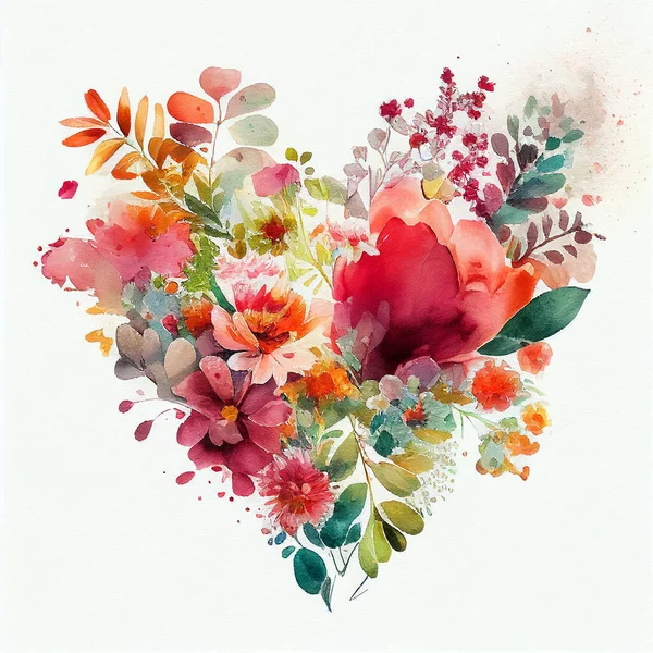 Heart of flowers. Floral heart. Wedding card. Love symbol on white background. Valentine watercolor poster