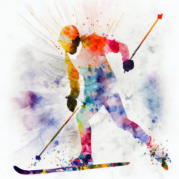 Watercolor illustration of a cross-country skier. Cross-country skiing