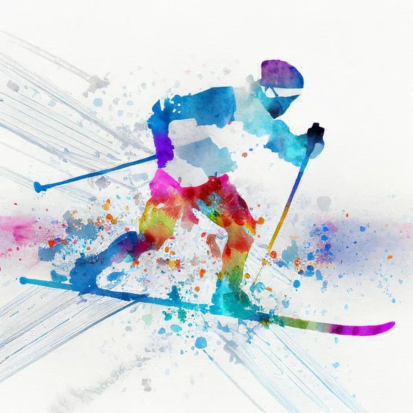 Watercolor illustration of a cross-country skier. Cross-country skiing
