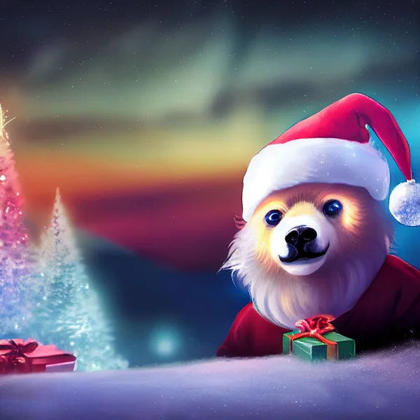 Magical christmas scenery. Christmas polar bear in the winter landscape. Polar bear santa