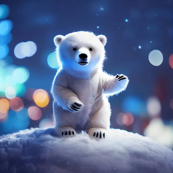 Magical christmas scenery. Christmas polar bear in the winter landscape. Polar bear santa