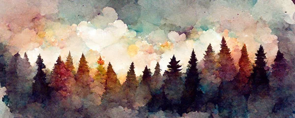 Watercolor painting of a spruce forest. Forest silhouette background