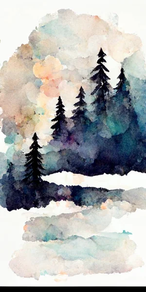 Watercolor painting of a spruce forest. Forest silhouette background