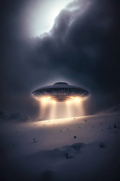 Ufo. Flying scifi ufo during storm. Unidentified flying object