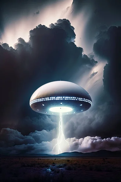 Ufo balloon. Flying white scifi ufo balloon during storm. Unidentified flying object