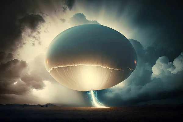 Ufo balloon. Flying white scifi ufo balloon during storm. Unidentified flying object