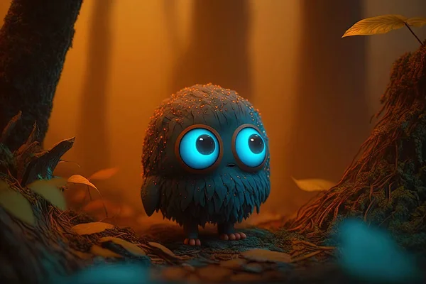 Cute monster in the foggy forest. Tiny fairy creature in a magical fairy-tale forest. Little magical creature with beautiful eyes with neon lights in the background