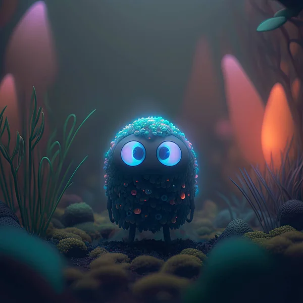 Cute monster in the foggy forest. Tiny fairy creature in a magical fairy-tale forest. Little magical creature with beautiful eyes with neon lights in the background