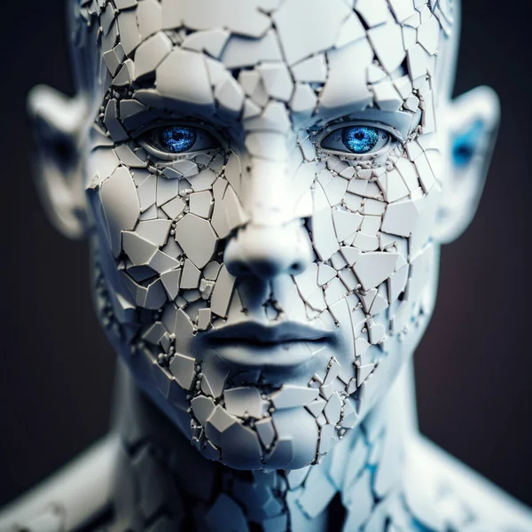 Android. Porcelain white humanoid cyborg with blue glowing eyes. AI - artificial intelligence concept. Portrait of a futuristic android robot