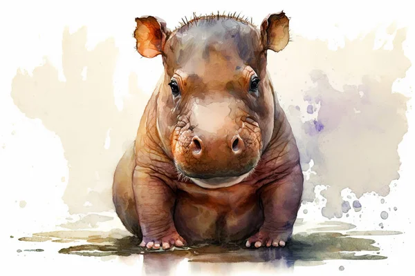 Watercolor painting of a cute baby hippo. Baby hippo. Aquarelle illustration