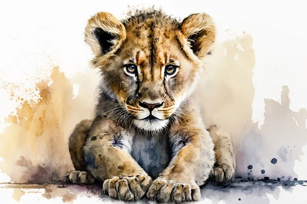 Watercolor painting of a cute baby lion. Baby lion. Aquarelle illustration
