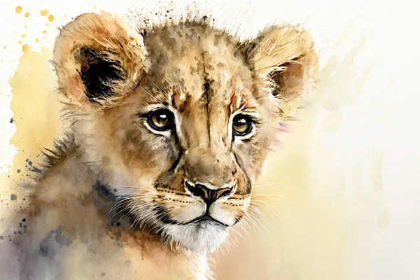 Watercolor painting of a cute baby lion. Baby lion. Aquarelle illustration