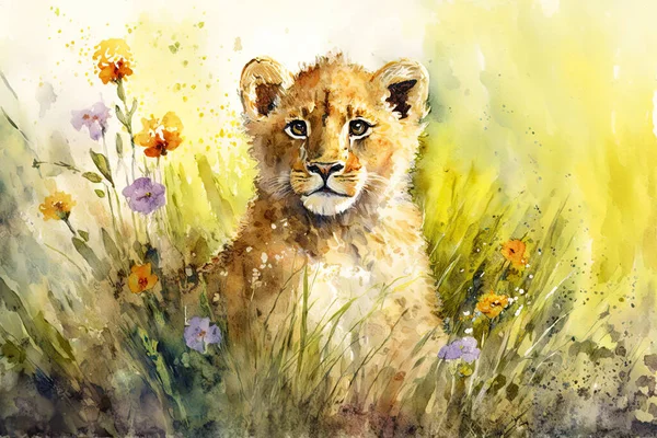 Watercolor painting of a cute baby lion on a blooming meadow. Baby lion. Aquarelle illustration