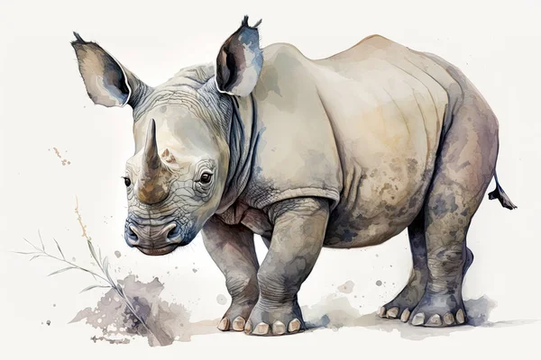 Watercolor painting of a cute baby rhino. Baby rhino. Aquarelle illustration