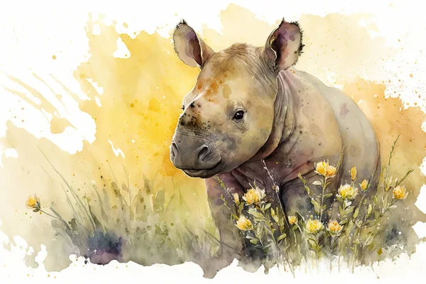Watercolor painting of a cute baby rhino on a blooming meadow. Baby rhino. Aquarelle illustration