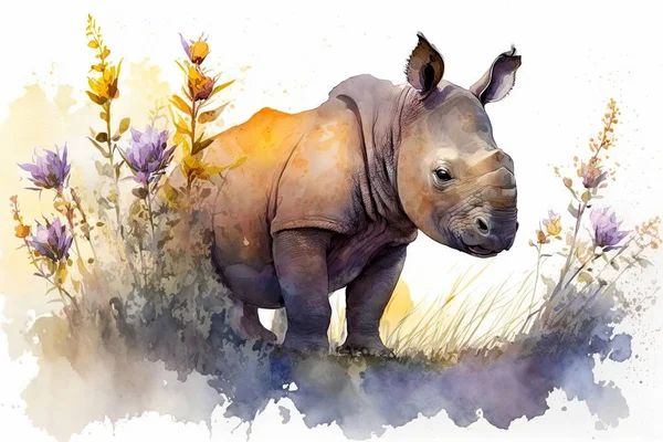 Watercolor painting of a cute baby rhino on a blooming meadow. Baby rhino. Aquarelle illustration