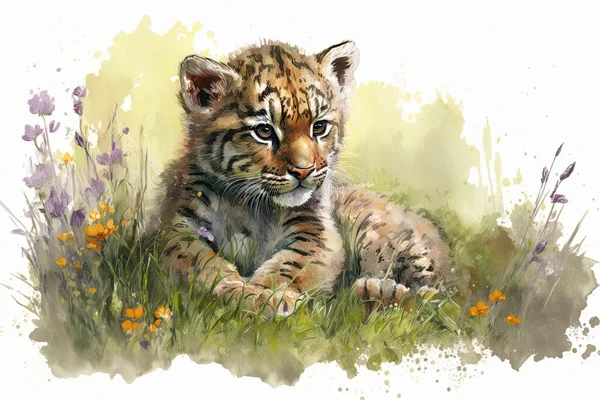 Watercolor painting of a cute baby tiger on a blooming meadow. Baby tiger. Aquarelle illustration