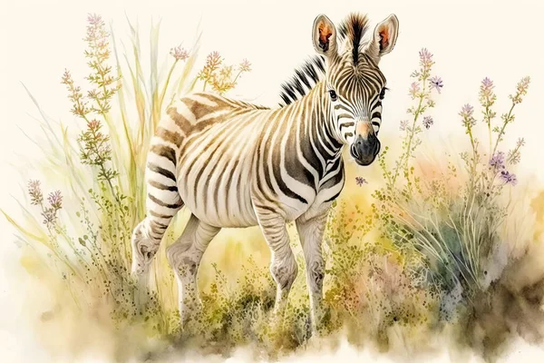 Watercolor painting of a cute baby zebra on a blooming meadow. Baby zebra. Aquarelle illustration