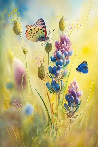 Watercolor painting of a spring meadow full of blooming flowers and butterflies. Floral background. Spring aquarelle wallpaper