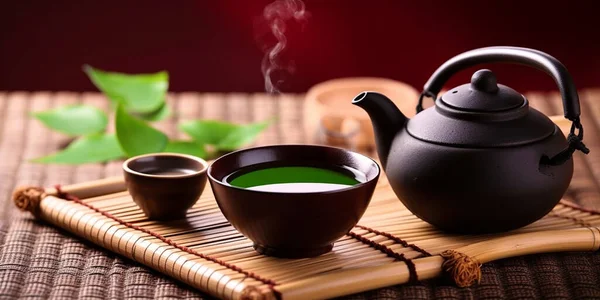 Asian tea set. Hot tea in pot and teacups. Japanese teapot and cups on bamboo mat