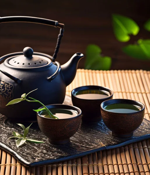 Asian tea set. Hot tea in pot and teacups. Japanese teapot and cups on bamboo mat