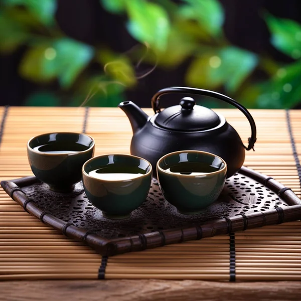Asian tea set. Hot tea in pot and teacups. Japanese teapot and cups on bamboo mat
