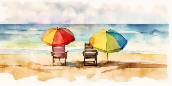 Beautiful beach banner. Amazing beach landscape watercolor painting. White sand, chairs and umbrella travel tourism wide panorama background concept