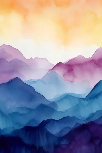 Beautiful simple watercolor painting of mountains during dusk. Watercolor background. Watercolour background with beautiful cold hues