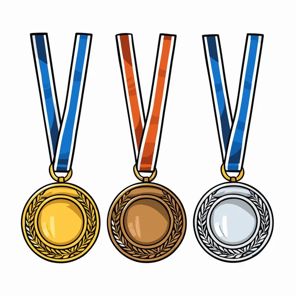 Medallas Ilustración Cómica Dibujada Mano Bronce Dorado Plateado Vector Doodle — Vector de stock