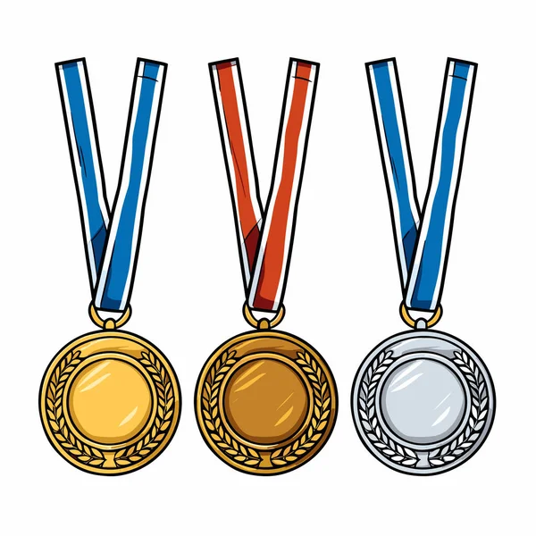 Medallas Ilustración Cómica Dibujada Mano Bronce Dorado Plateado Vector Doodle — Vector de stock