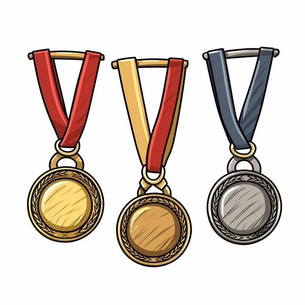 Medaile Zlatý Stříbrný Bronzový Ručně Kreslený Komiks Vektorové Kreslené Kreslené — Stockový vektor