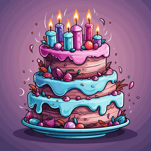 誕生日ケーキ 誕生日ケーキ手描きの漫画のイラスト ベクトルドアスタイルの漫画イラスト — ストックベクタ