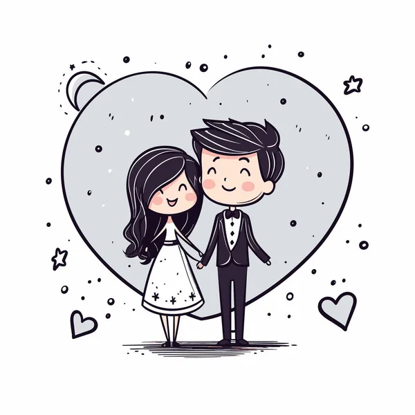 Pernikahan Gambar Tangan Pernikahan Ilustrasi Komik Ilustrasi Kartun Gaya Doodle - Stok Vektor