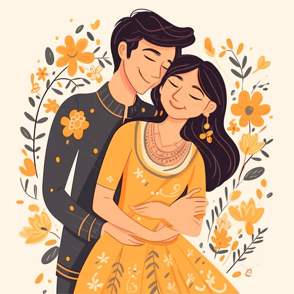 Couple Indien Illustration Dessinée Main Par Couple Indien Illustration Vectorielle — Image vectorielle