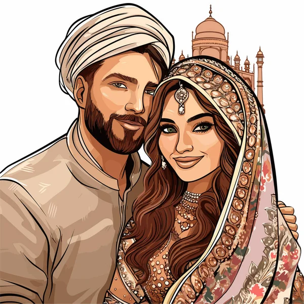 印度夫妇 印度夫妇手绘漫画插图 矢量涂鸦风格卡通画 — 图库矢量图片