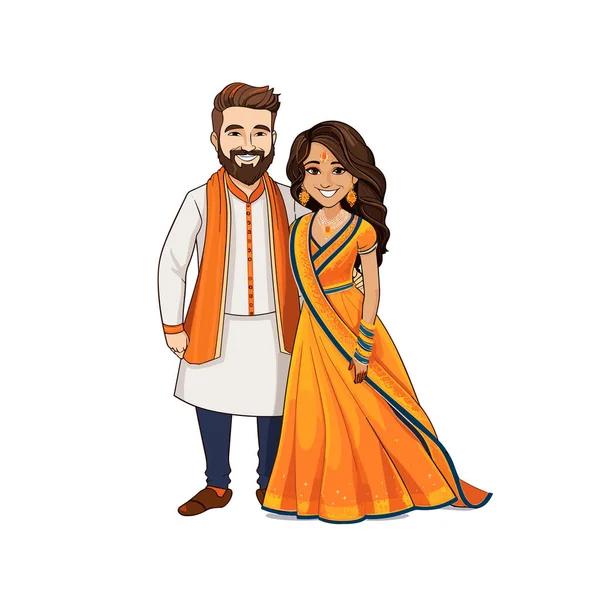 Indian Couple Indian Couple Hand Drawn Comic Illustration Vector Doodle — Stock Vector