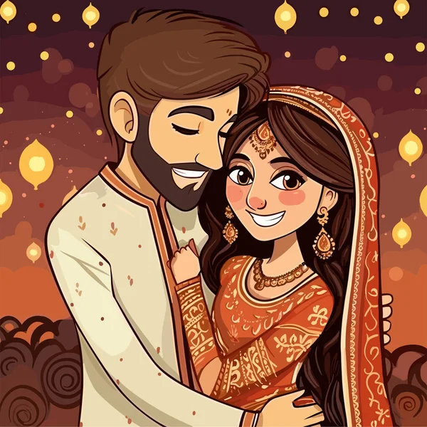 印度夫妇 印度夫妇手绘漫画插图 矢量涂鸦风格卡通画 — 图库矢量图片