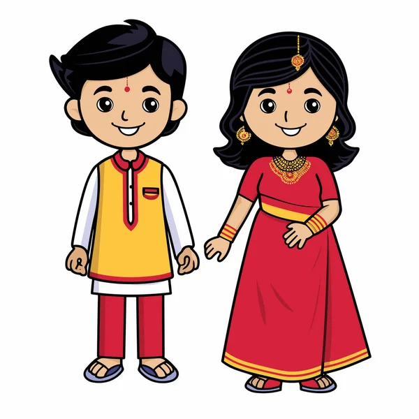 インド人のカップル インドのカップル手描きの漫画のイラスト ベクトルドアスタイルの漫画イラスト — ストックベクタ