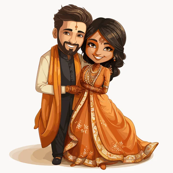 Pasangan Indian Ilustrasi Komik Buatan Tangan India Ilustrasi Kartun Gaya - Stok Vektor