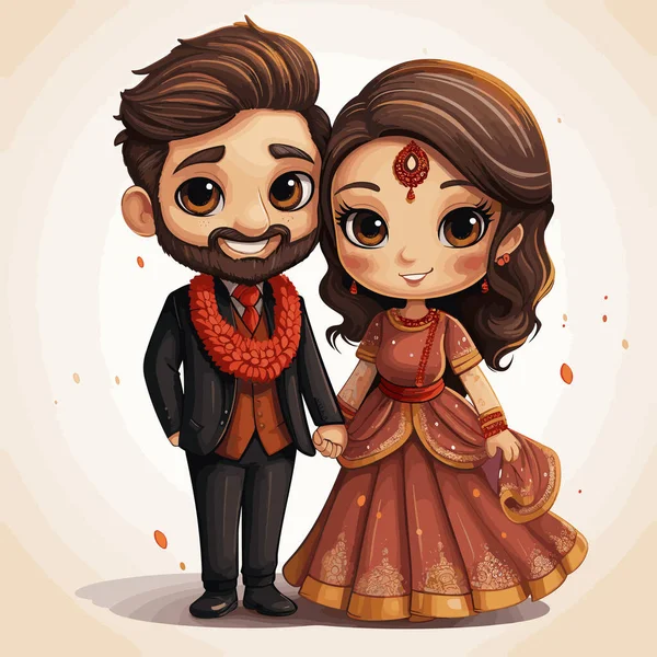 インド人のカップル インドのカップル手描きの漫画のイラスト ベクトルドアスタイルの漫画イラスト — ストックベクタ