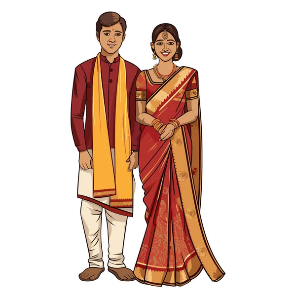 Indian Couple Indian Couple Hand Drawn Comic Illustration Vector Doodle — Stock Vector
