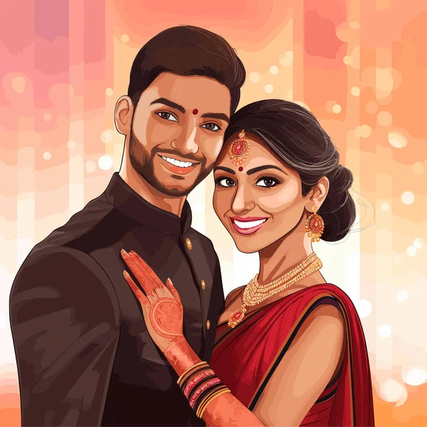 Indiaas Stel Indiaas Paar Met Hand Getekend Stripverhaal Vector Doodle — Stockvector