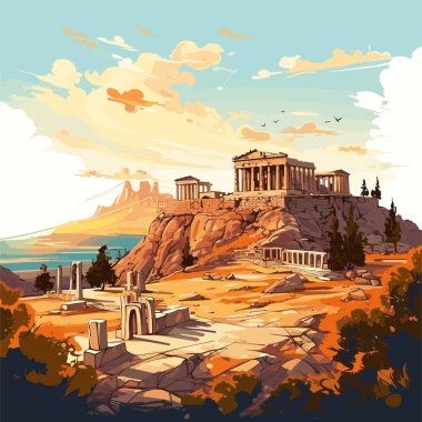Akropolis. Akropolis el yapımı çizgi roman çizimi. Vektör karalama stili çizgi film çizimi